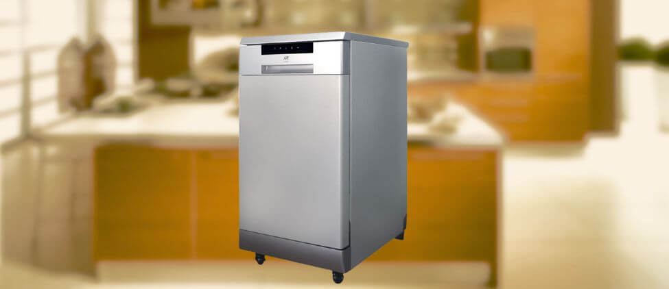 Feature image of SPT SD-9263SSB Dishwasher Review: The image shows the freestanding (portable) dishwasher is placed in an appliance showroom displaying the dishwasher’s refined and modern look, with a streamlined front panel and stylish build that complements today’s kitchens.
