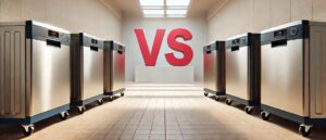 A bright showroom featuring multiple portable dishwashers arranged in two rows with a bold "VS" in red at the center, symbolizing a side-by-side comparison. Ideal for showcasing portable dishwasher comparisons