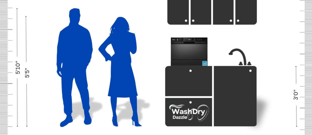 A size comparison illustration featuring the Midea MDC22P1ABB countertop dishwasher placed on a kitchen counter with cabinets and a sink. Silhouettes of a man (5'10") and a woman (5'5") are shown for scale. The dishwasher is positioned in a typical kitchen setup with a "WashDry Dazzle" logo on one of the cabinets. Measurement markers indicate dimensions for better perspective.