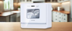 AIRMSEN A01 Dishwasher Review Image – A high-resolution image of the AIRMSEN A01 dishwasher with a sleek white finish, digital touch panel, and a transparent window for monitoring wash cycles.