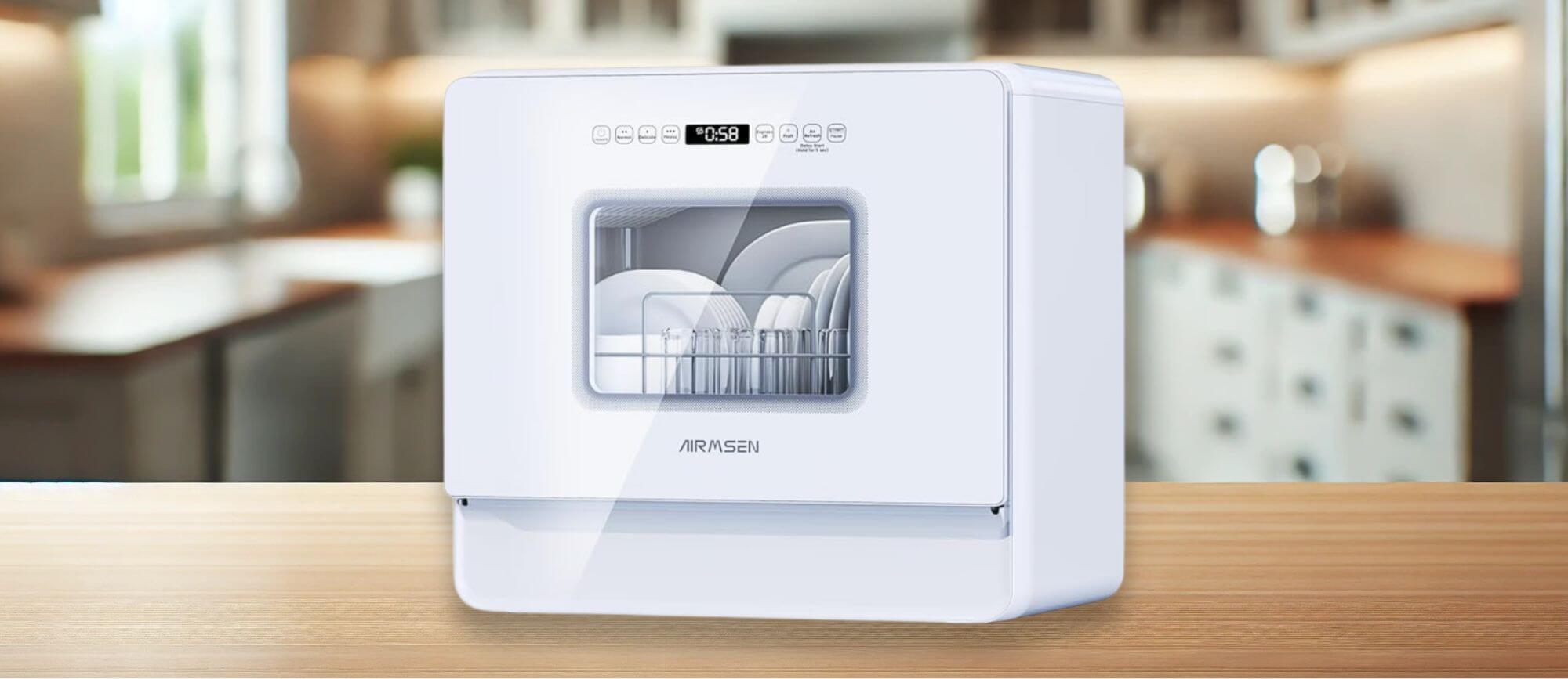 AIRMSEN A01 Dishwasher Review Image – A high-resolution image of the AIRMSEN A01 dishwasher with a sleek white finish, digital touch panel, and a transparent window for monitoring wash cycles.