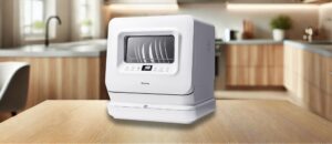 COSTWAY 10015: A lifestyle image of the COSTWAY 10015-CYFP dishwasher placed on a kitchen countertop, showcasing its compact design, digital controls, and modern aesthetic.