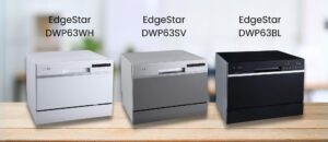 EdgeStar DWP63 Dishwasher Review (WH/SV/BL) – Model Variants : A comparison image featuring three EdgeStar dishwasher models: DWP63WH (white), DWP63SV (silver), and DWP63BL (black), all with compact designs.