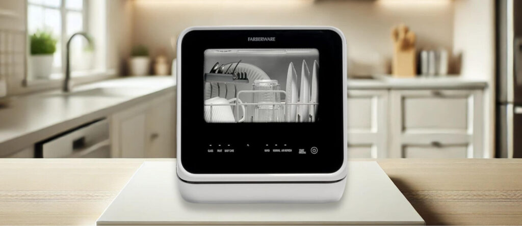 Farberware fdw05asbwha (fdw05wha) Dishwasher Review: A high-resolution image of the Farberware FDW05WHA dishwasher on a kitchen counter, showing its compact design, transparent viewing window, and digital touch controls.