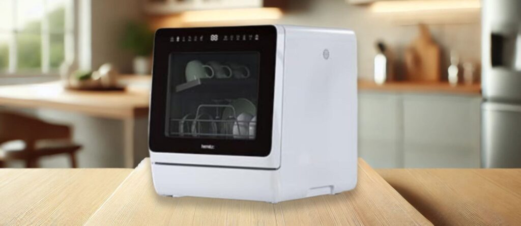 Hermitlux HDW5CW01 Dishwasher in a Kitchen: A countertop Hermitlux HDW5CW01 dishwasher with a sleek white body and black control panel, placed in a modern kitchen. Its transparent viewing window reveals neatly arranged dishes inside. Its featured image of the topic "Hermitlux HDW5CW01 dishwasher review"