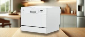 Honeywell HCTDS1W Dishwasher Review Image: A high-quality image of the Honeywell HCTDS1W dishwasher placed in a well-lit kitchen setting, emphasizing its compact, modern design and digital control panel.