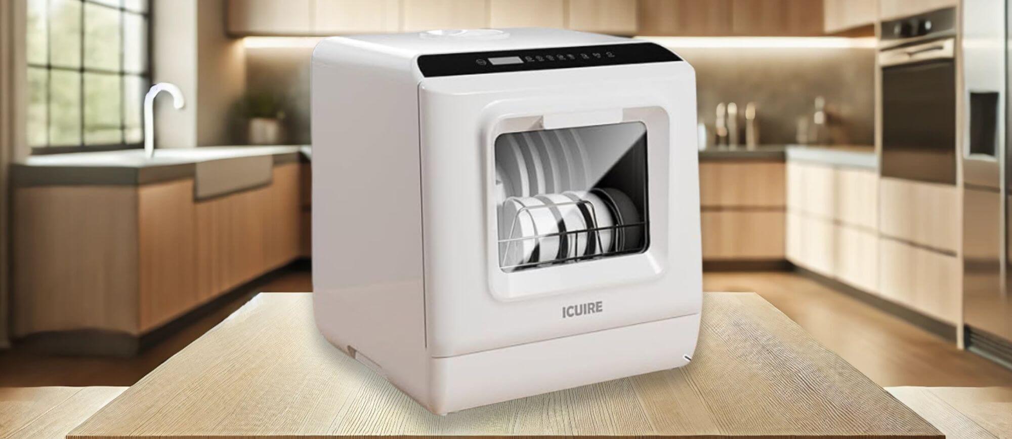 ICUIRE TDQR05 Dishwasher in a Modern Kitchen – A sleek ICUIRE TDQR05 countertop dishwasher placed in a modern kitchen setting, featuring a compact design, digital display, and transparent viewing window with neatly stacked dishes inside. Featured image of the article "ICUIRE ‎TDQR05 dishwasher review"