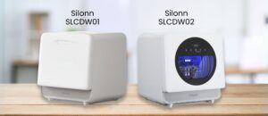 Silonn SLCDW02 (01) Dishwasher Review – A side-by-side images of the Silonn SLCDW01 and SLCDW02 dishwashers, highlighting design differences, with the SLCDW02 featuring a digital touch display and a transparent viewing window.