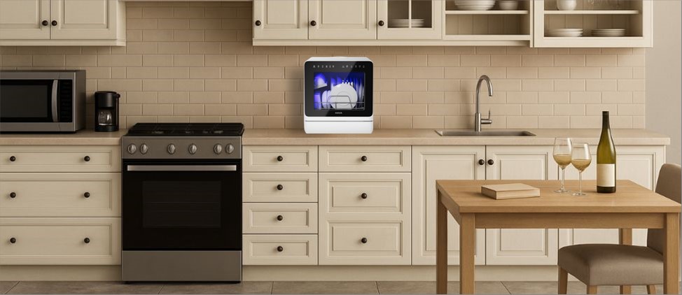 An informative graphic comparing the HAVA TDJR09 dishwasher's size to common kitchen counters and human height references. This visual aid provides a clear sense of scale, highlighting its compact footprint and suitability for tight kitchen spaces.