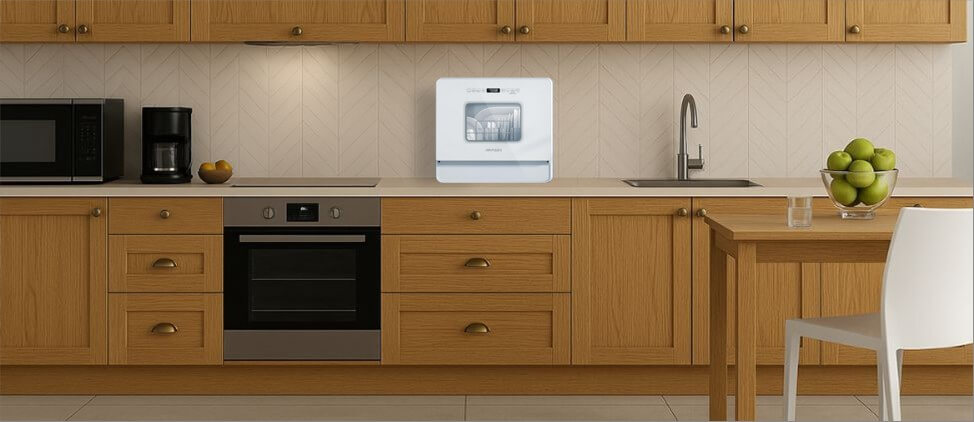 A visual size comparison chart displaying theAIRMSEN A01 dishwasher alongside a standard kitchen counter and average human heights. The graphic helps users understand its compact dimensions and how it fits within a regular kitchen environment.
