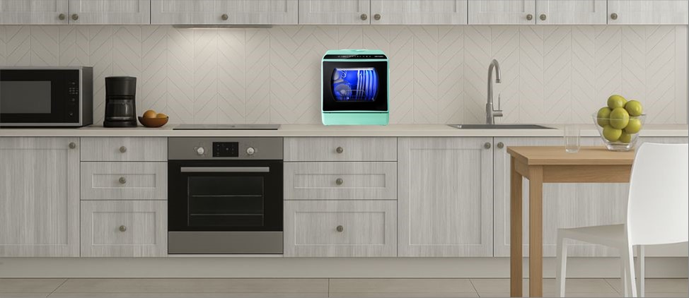 A visual size comparison chart displaying theAIRMSEN C01 dishwasher alongside a standard kitchen counter and average human heights. The graphic helps users understand its compact dimensions and how it fits within a regular kitchen environment.
