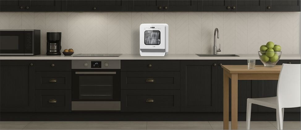 A visual size comparison chart displaying theAIRMSEN C01 dishwasher alongside a standard kitchen counter and average human heights. The graphic helps users understand its compact dimensions and how it fits within a regular kitchen environment.