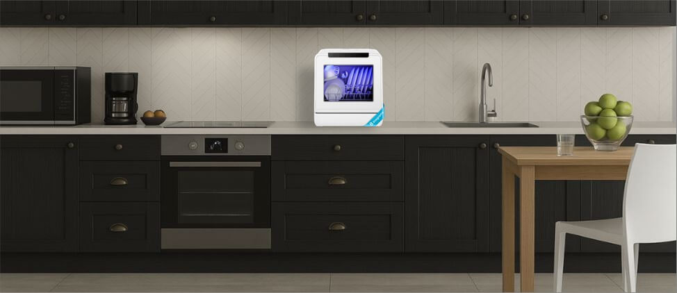 A size comparison graphic illustrating the EUHOMY DW02 dishwasher's dimensions in relation to a kitchen counter and standard human heights. The diagram provides a visual reference for users to gauge its compact form factor and placement in a typical kitchen setup.