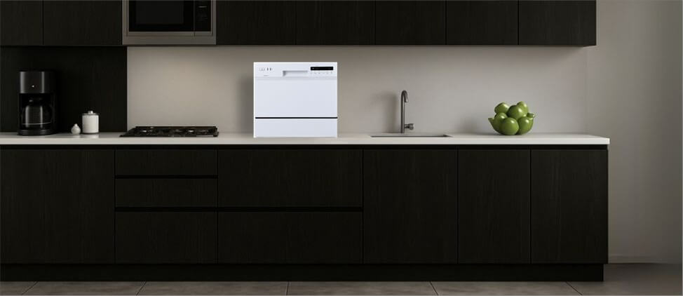 EdgeStar DWP63WH on the Kitchen Counter : A visual representation of the EdgeStar DWP63WH placed in a kitchen setup, showing its compact size relative to cabinetry and counter space.