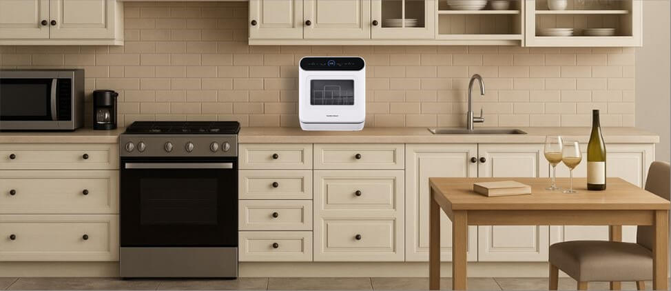 A size comparison graphic illustrating the Hamilton Beach (RCA) RDW3216 dishwasher's dimensions in relation to a kitchen counter and standard human heights. The diagram provides a visual reference for users to gauge its compact form factor and placement in a typical kitchen setup.