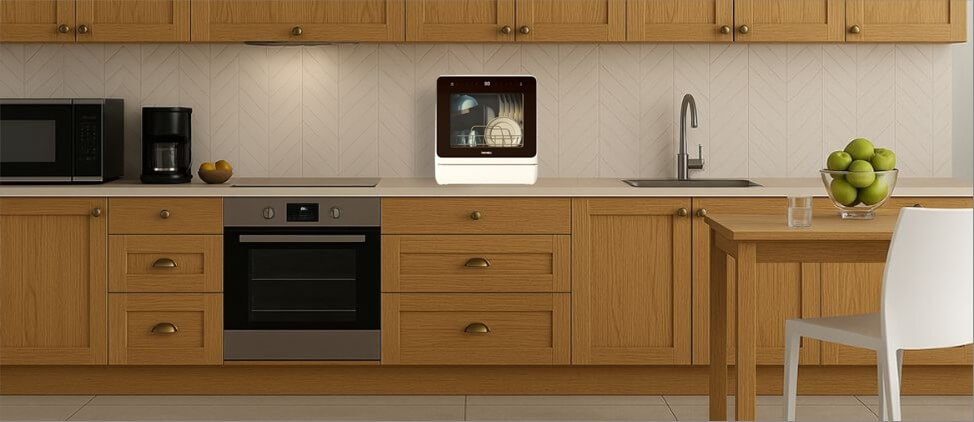 An informative graphic comparing the Hermitlux HDW5CW01 dishwasher's size to common kitchen counters and human height references. This visual aid provides a clear sense of scale, highlighting its compact footprint and suitability for tight kitchen spaces.