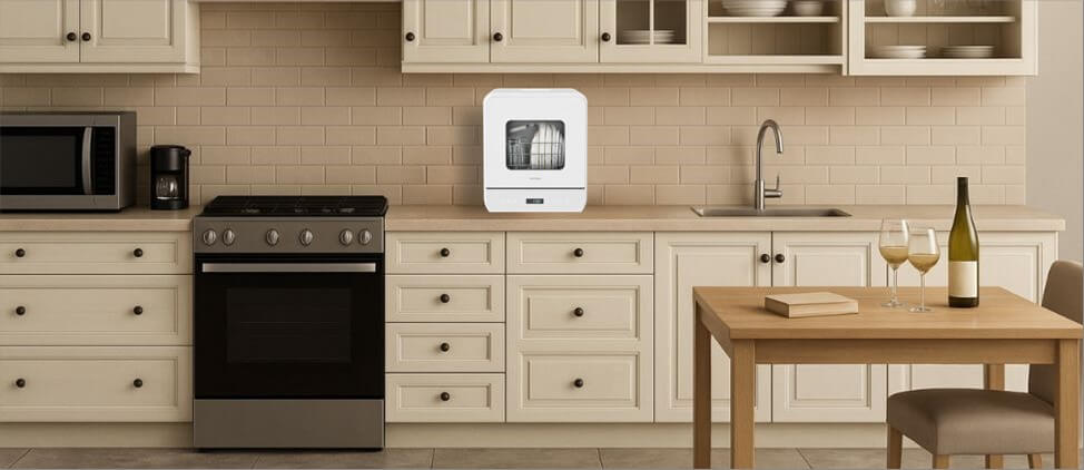 An informative graphic comparing the Hermitlux HDW5CW02 dishwasher's size to common kitchen counters and human height references. This visual aid provides a clear sense of scale, highlighting its compact footprint and suitability for tight kitchen spaces.