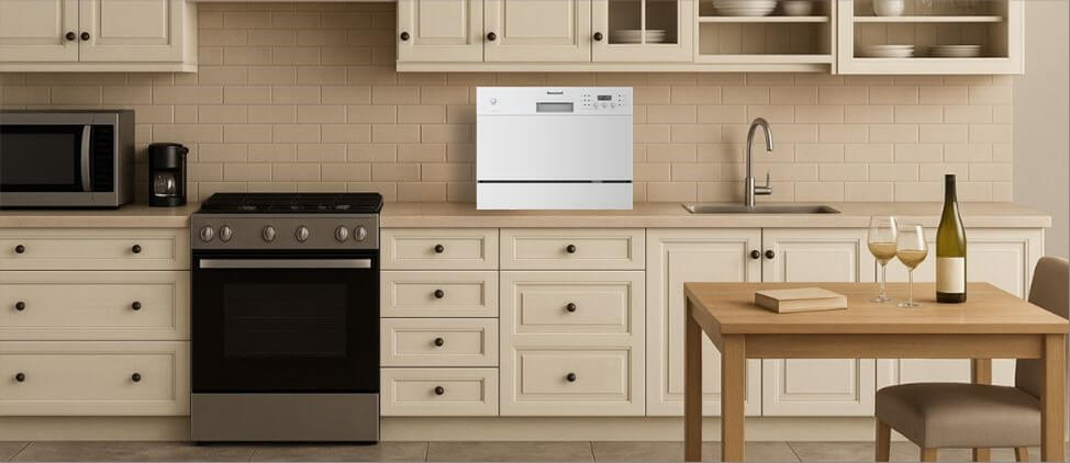 An informative graphic comparing the Honeywell HCTDS1W dishwasher's size to common kitchen counters and human height references. This visual aid provides a clear sense of scale, highlighting its compact footprint and suitability for tight kitchen spaces.