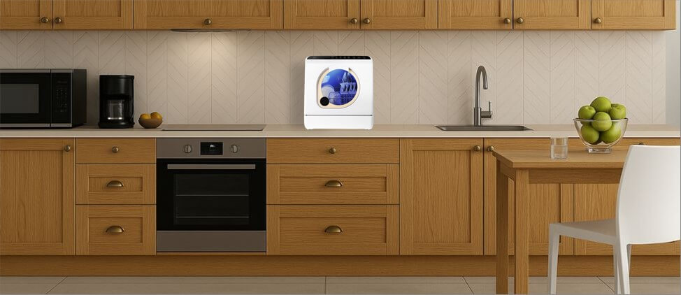 A visual size comparison chart displaying theLINGXI LX XWJ01 dishwasher alongside a standard kitchen counter and average human heights. The graphic helps users understand its compact dimensions and how it fits within a regular kitchen environment.