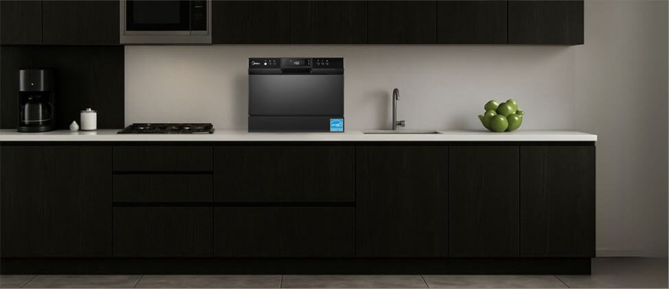 A visual size comparison chart displaying theMidea MDC22P1ABB dishwasher alongside a standard kitchen counter and average human heights. The graphic helps users understand its compact dimensions and how it fits within a regular kitchen environment.