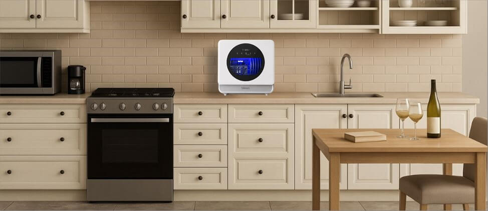 An informative graphic comparing the Silonn SLCDW02 dishwasher's size to common kitchen counters and human height references. This visual aid provides a clear sense of scale, highlighting its compact footprint and suitability for tight kitchen spaces.