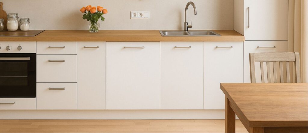 A bright, modern kitchen featuring built-in cabinetry with integrated appliances and a sink. One of the cabinets is fitted with a panel-ready dishwasher like the KoolMore KM-DW2445-PR, highlighting how well it integrates into a minimalist, functional kitchen layout with a warm wood-and-white color scheme.