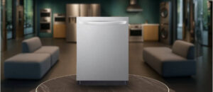 In this LG LDTH7972S Dishwasher Review image, the dishwasher is displayed in a showroom setting, highlighting its modern design and sleek front panel.