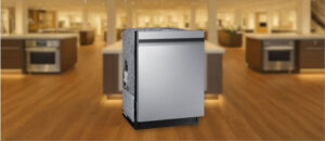Feature image of SAMSUNG DW80CG5450SR Dishwasher Review: The image shows the dishwasher is placed in an appliance showroom displaying the dishwasher’s refined and modern look, with a streamlined front panel and stylish build that complements today’s kitchens.