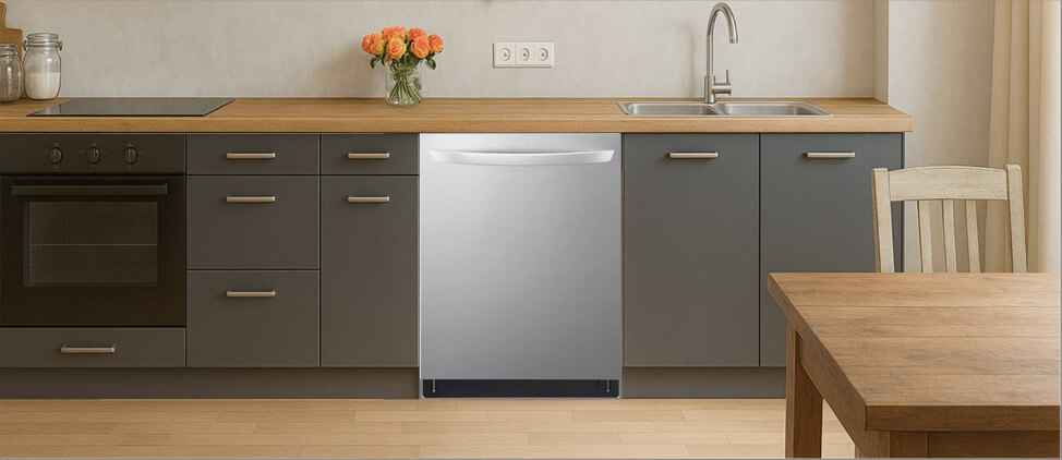 A bright, modern kitchen featuring built-in cabinetry with integrated appliances and a sink. One of the cabinets is fitted with a the LG LDTH7972S dishwasher, highlighting how well it integrates into a minimalist, functional kitchen layout.