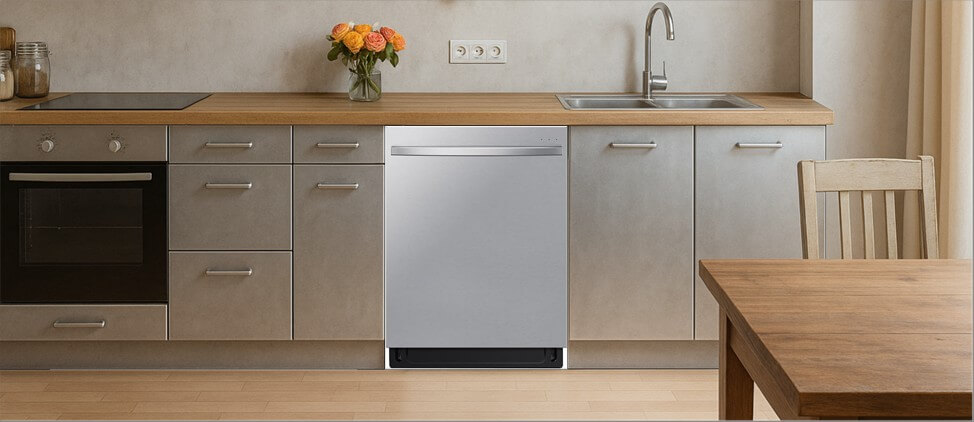 A bright, modern kitchen featuring built-in cabinetry with integrated appliances and a sink. One of the cabinets is fitted with a the SAMSUNG DW80B6061US dishwasher, highlighting how well it integrates into a minimalist, functional kitchen layout.