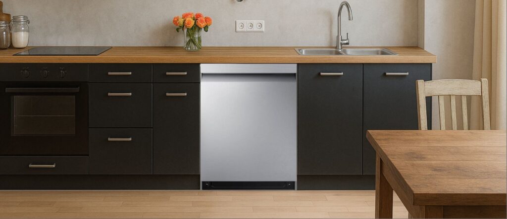 A bright, modern kitchen featuring built-in cabinetry with integrated appliances and a sink. One of the cabinets is fitted with a the SAMSUNG DW80CG5450SR dishwasher, highlighting how well it integrates into a minimalist, functional kitchen layout.