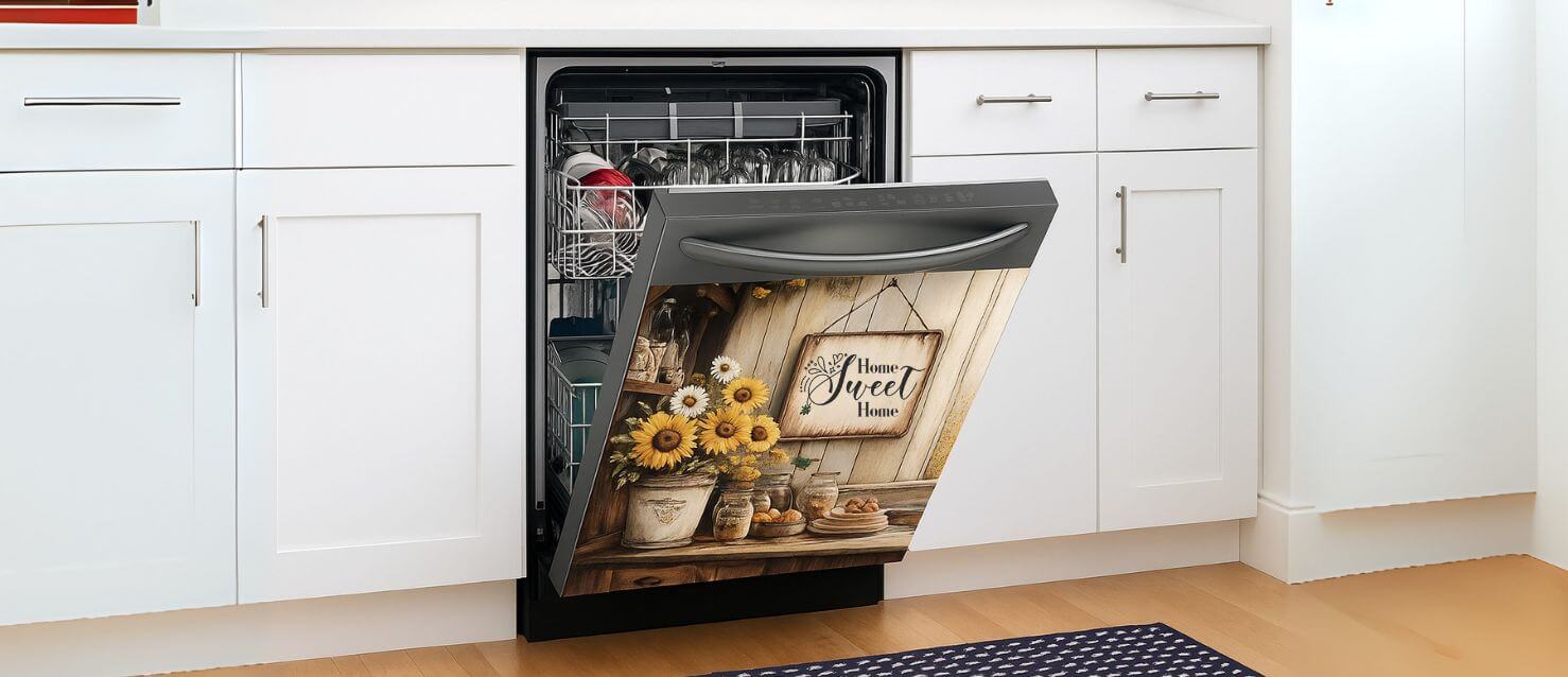 Best Dishwashers Magnetic Covers featuring a stylish rustic sunflower design on the front panel of a built-in dishwasher in a bright, modern kitchen.