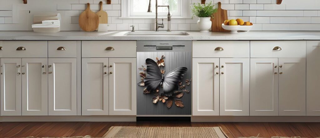 A close-up of a modern kitchen featuring a built-in dishwasher with a stainless steel magnetic cover decorated with a large metallic butterfly and floral accents.