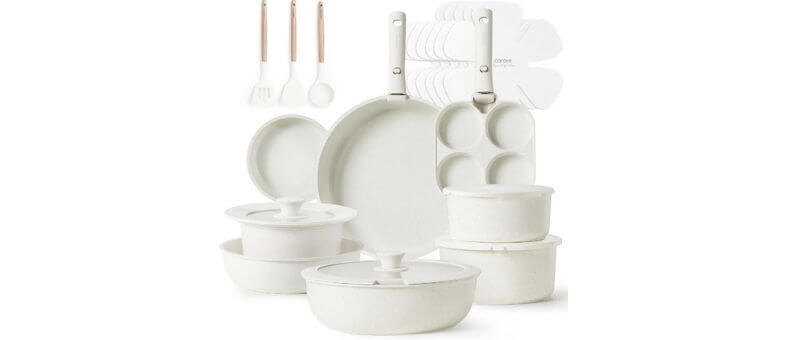 best nonstick cookware sets in minimalist white style by CAROTE with saucepans, frying pans, and kitchen utensils