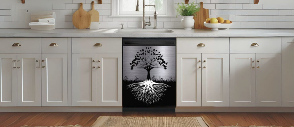 A kitchen interior with a dishwasher adorned by a magnetic cover showcasing a black tree with deep roots and leafy branches against a brushed silver background.