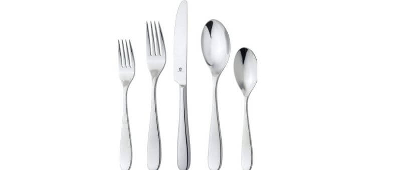 DaniALLI 80-piece stainless steel flatware set arranged in an orderly layout with a modern mirror finish, featuring knives, forks, and spoons on a clean background.