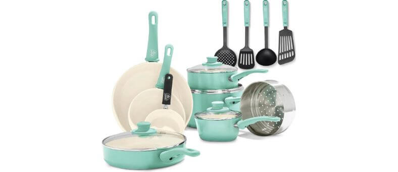 best nonstick cookware sets in teal ceramic by GreenLife including pots, pans, utensils, and steam insert