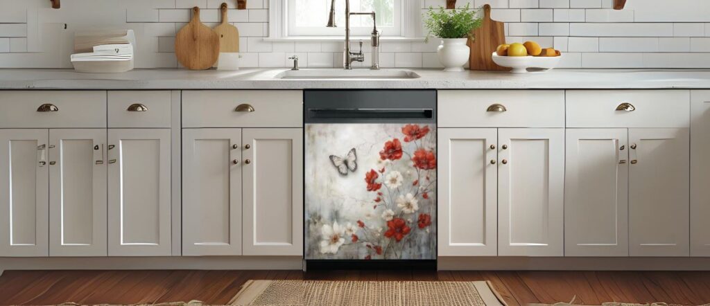 A dishwasher in a bright kitchen fitted with a magnetic cover displaying a soft, watercolor-style painting of red and white flowers with a butterfly flying above.