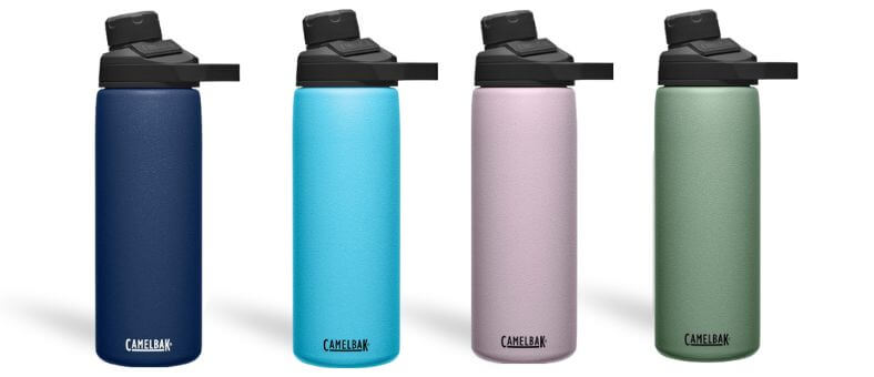 Four CamelBak Chute water bottles in navy blue, sky blue, pink, and green with angled chug lids.