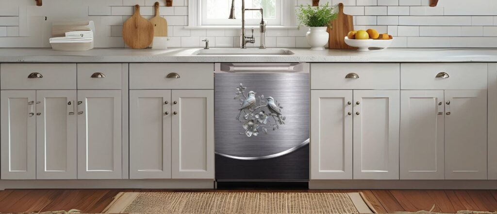 A dishwasher front decorated with a magnetic cover showing two perched birds surrounded by floral details on a brushed metal background, blending seamlessly with a neutral-toned kitchen.