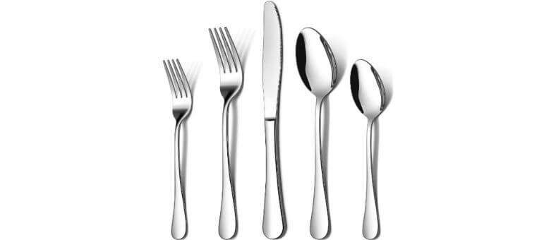 LIANYU 20-piece stainless steel flatware set showing five essential utensils with sleek, ergonomic handles and polished surfaces.