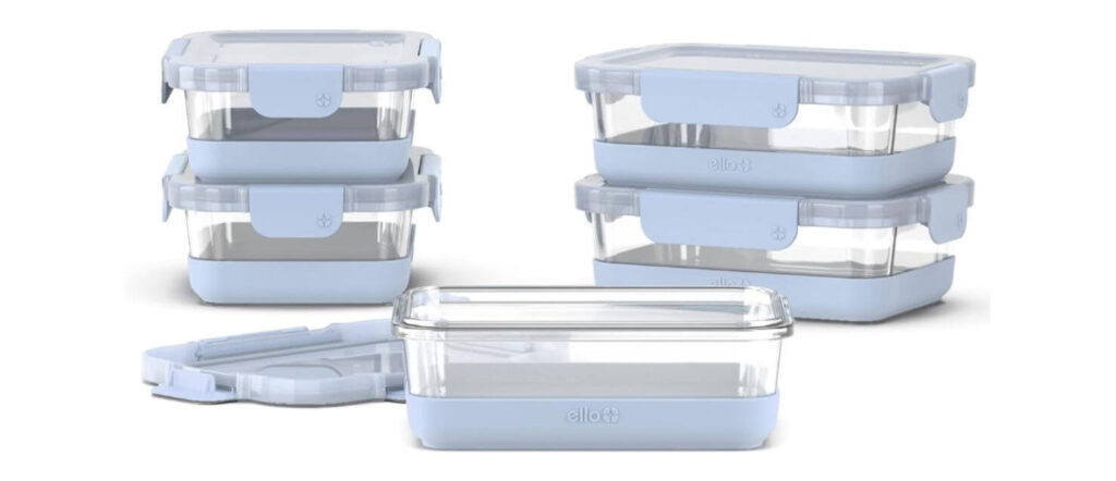 A 10-piece set of Ello Duraglass glass food storage containers in pastel blue with silicone sleeves and matching lids.