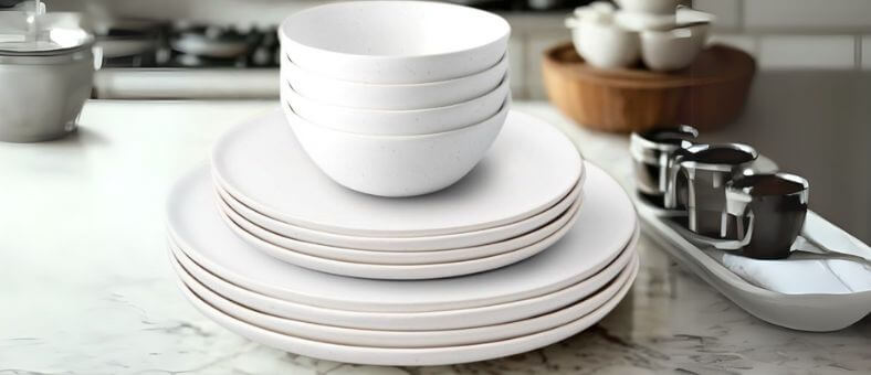 Fable 12-piece stoneware dinnerware set featuring minimalist white plates and bowls with a soft matte finish, ideal for dishwasher cleaning.