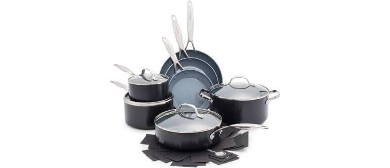 best nonstick cookware sets from GreenPan Valencia Pro with ceramic interior and stainless steel handles on hard anodized bodies