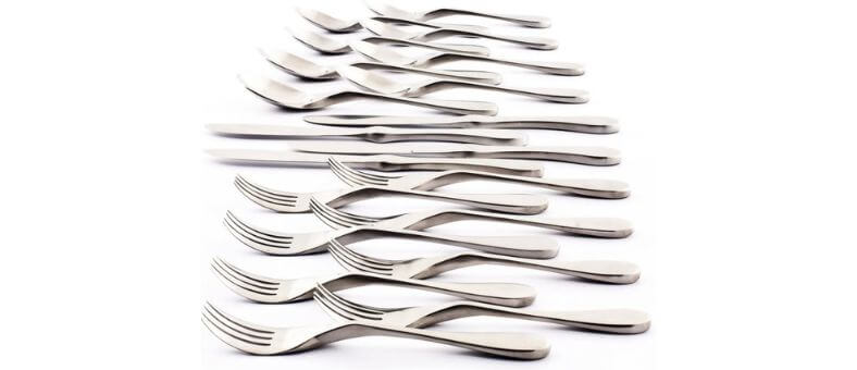 KNORK 20-piece matte silver flatware set including knife, dinner fork, salad fork, soup spoon, and teaspoon, displayed in a modern minimalist arrangement.