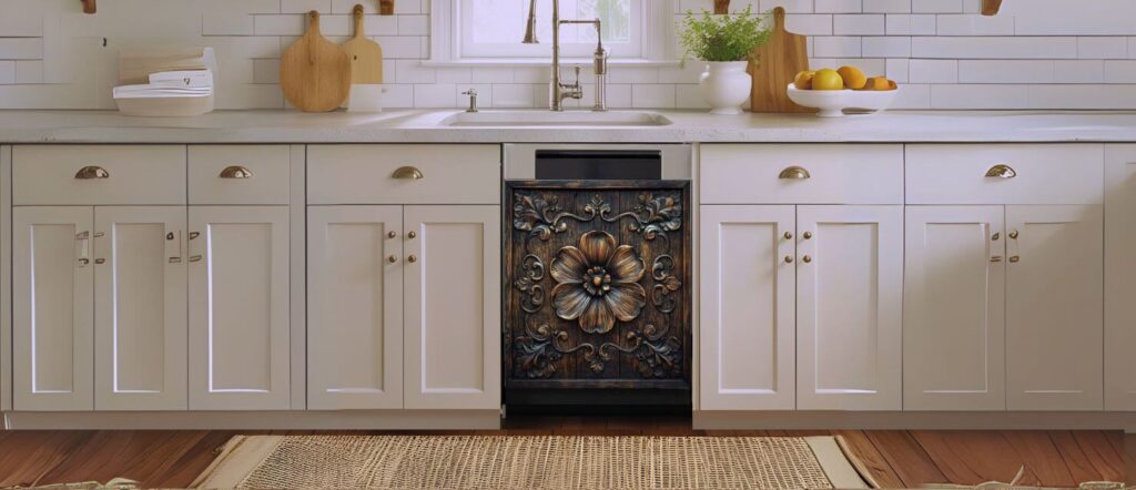 A vintage-style kitchen scene with a dishwasher featuring a magnetic cover designed with an ornate wooden floral pattern and carved detailing.