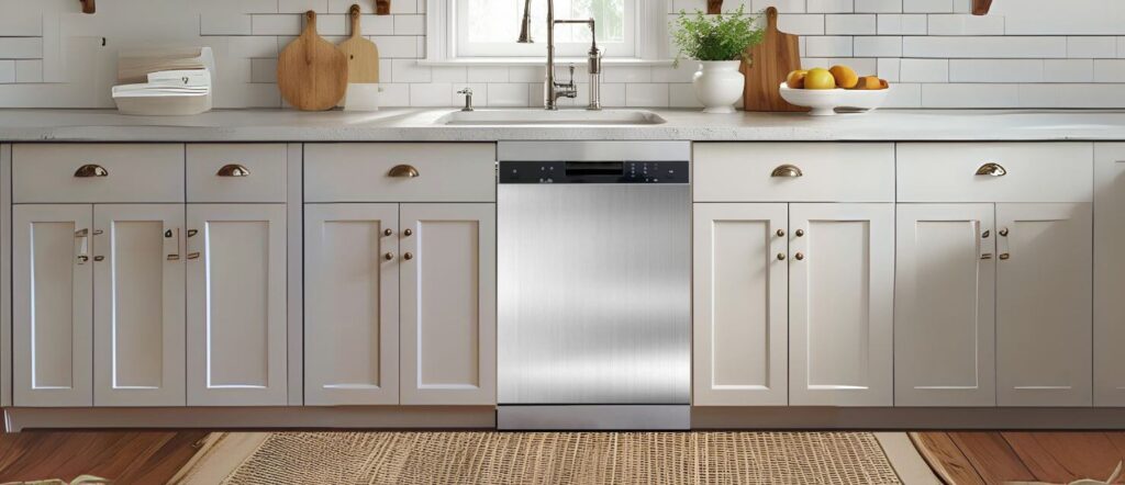 A minimalist modern kitchen featuring one of the Best Dishwashers Magnetic Covers in brushed stainless steel finish for a sleek, clean look.