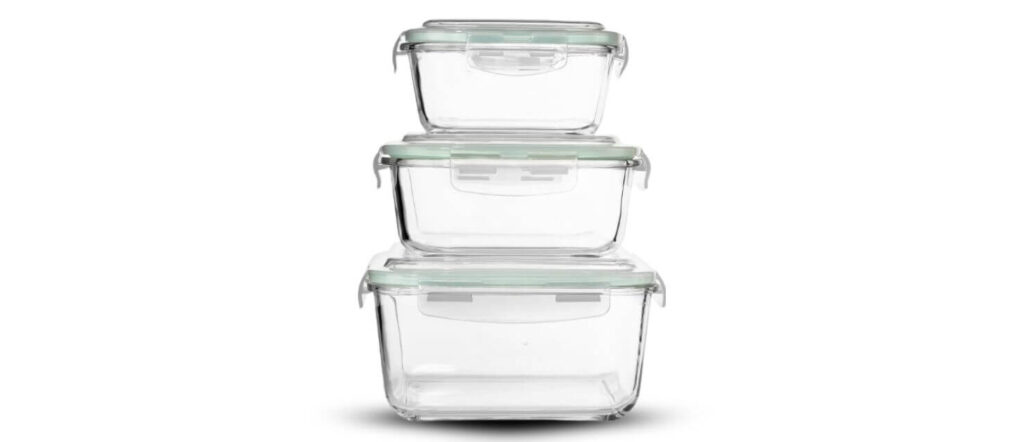 Stack of Razab square dishwasher-safe glass food containers with airtight locking lids, ideal for kitchen counter storage.