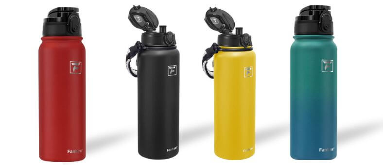 Fanhaw Stainless Steel Water Bottles with chug lids, featuring a sweat-proof design and available in bold color options.