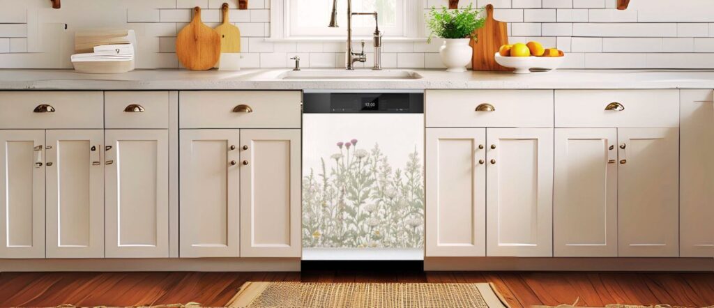 A botanical-themed kitchen with a floral print from the Best Dishwashers Magnetic Covers collection, showcasing delicate herb and flower patterns.
